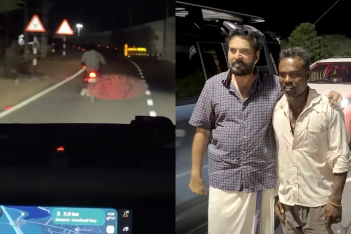Pandyan guides the way for Mammootty's car; Mammootty and Pandyan | Photo: Screenshot/InstagramAntoJoseph