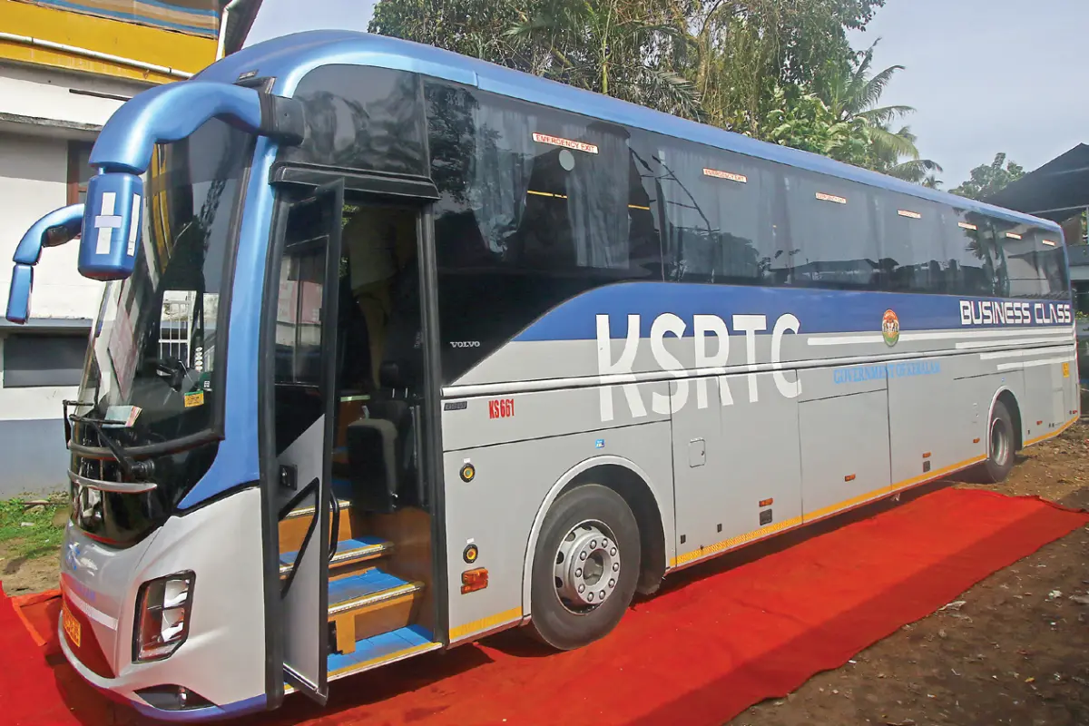 The KSRTC business-class Volvo bus at the Alappuzha bus stand ahead of the launch of its service on Sunday