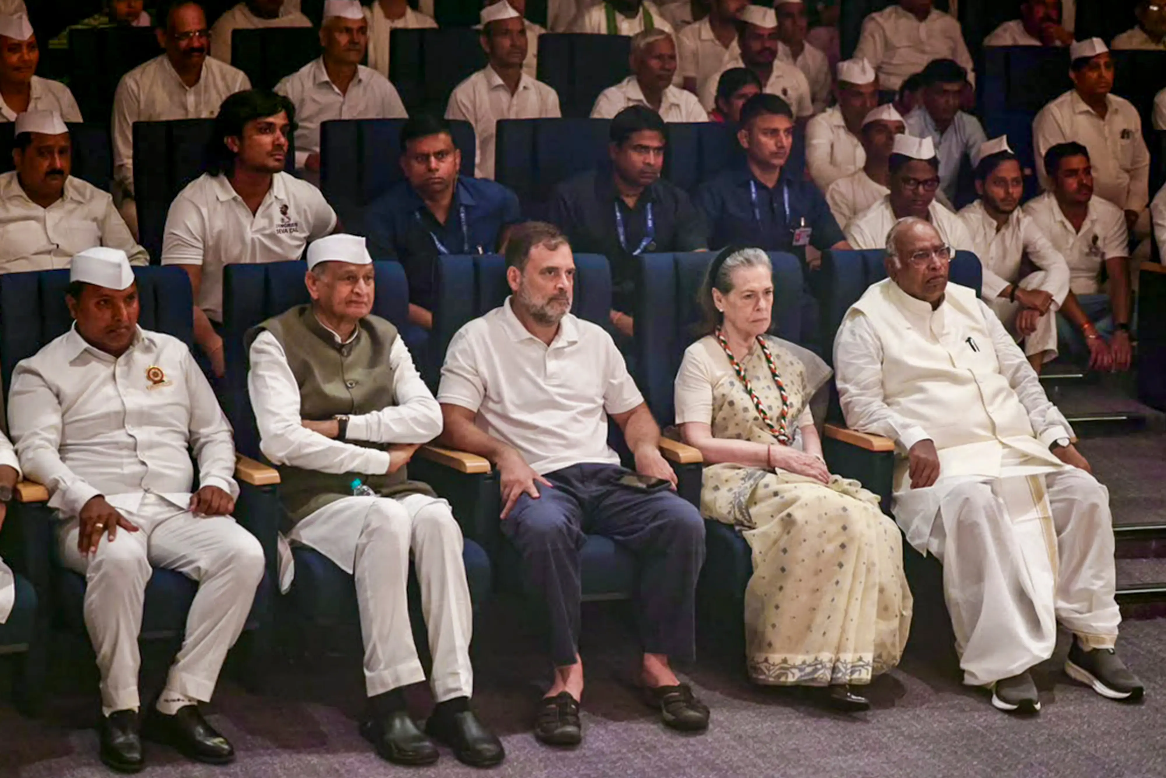 Leader of Opposition in the Lok Sabha Rahul Gandhi, Congress President Mallikarjun Kharge, CPP Chairperson Sonia Gandhi Congress leaders Ashok Gehlot and Srinivas BV during a special theatrical performance organized on the occasion of the 80th Independence Day, at Indira Bhawan in New Delhi.| Photo: PTI