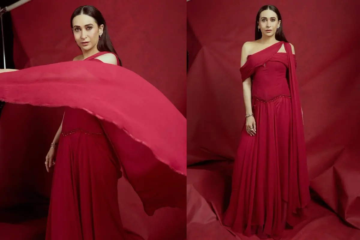 Karisma Kapoor's Ridhi Mehra look combines a fluid sari drape with a structured corset. Photo | Instagram/@stylebyami