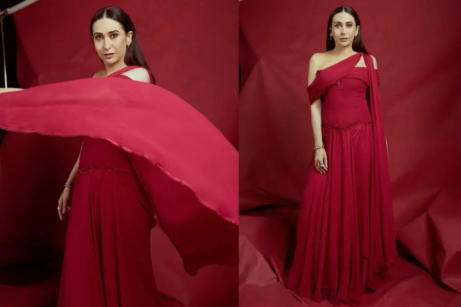 Karisma Kapoor makes a case for the sari gown in Ridhi Mehra’s cherry-red creation
