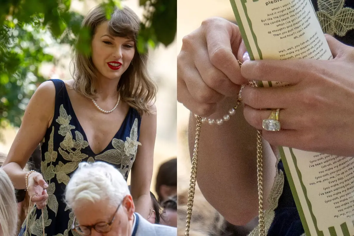 Taylor Swift arrives at Oli Jacobs and Laura Sisk's wedding in England, wearing her striking engagement ring and gold wedding band. Photos | Instagram/@swiftieswonderland_13
