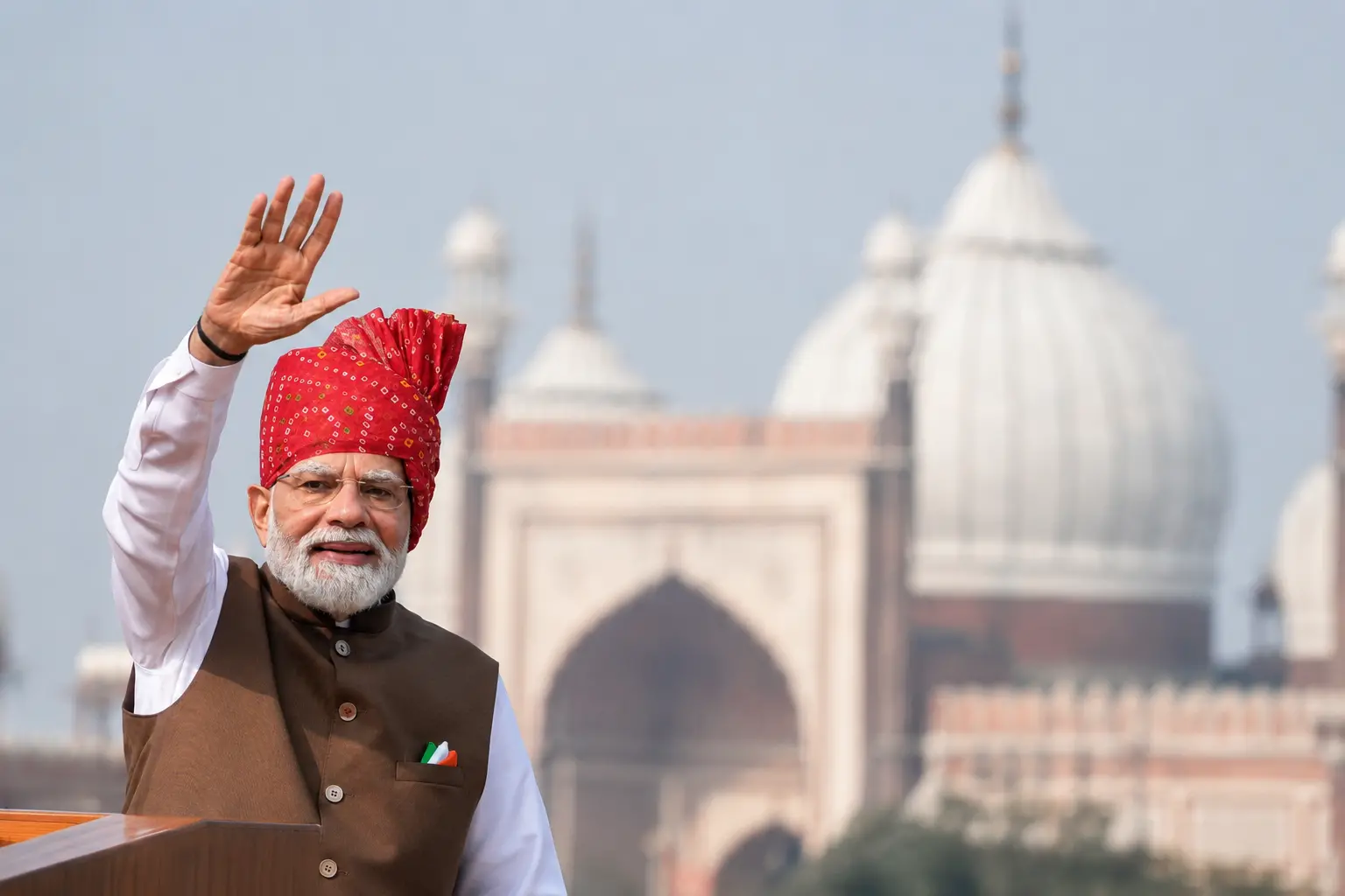 Prime Minister Narendra Modi greeting the gathering during the 80th Independence Day celebrations at the Red Fort in New Delhi on August 15, 2026. (PTI Photo/Shahbaz Khan)