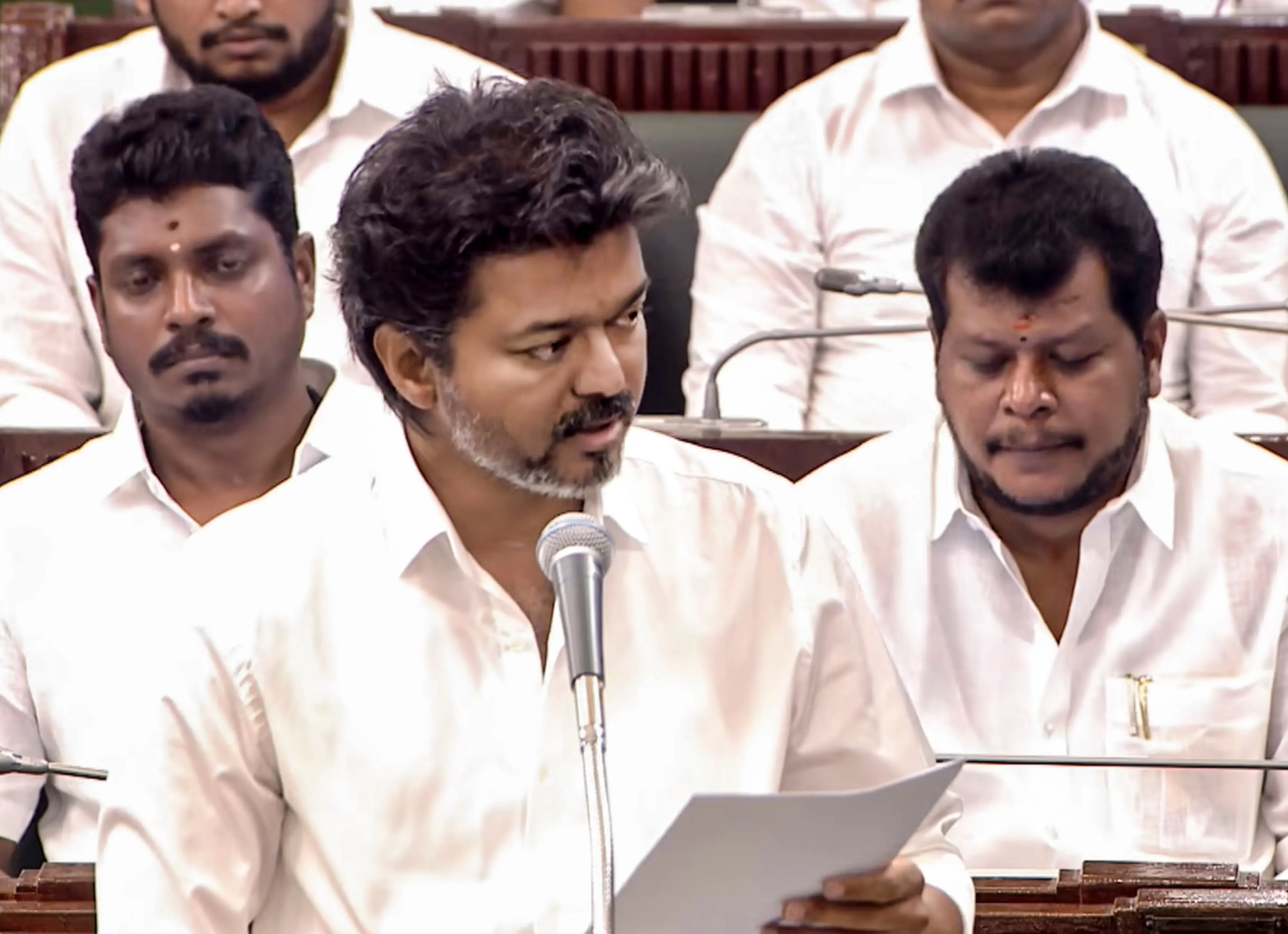 Tamil Nadu Chief Minister Vijay speaks during the state Assembly session, in Chennai.| Photo: PTI