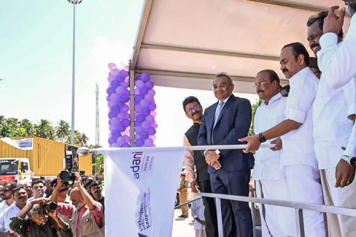 In this image posted on Aug. 18, 2026, Keralam CM VD Satheesan during the inauguration of EXIM operations at Vizhinjam International Seaport. (@vdsatheesan/X via PTI Photo)