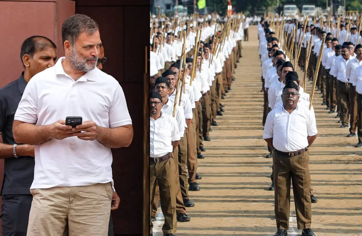 രാഹുല് ഗാന്ധി, ആര്എസ്എസ് വളണ്ടിയര്മാര് |ഫോട്ടോ:PTI,ANI