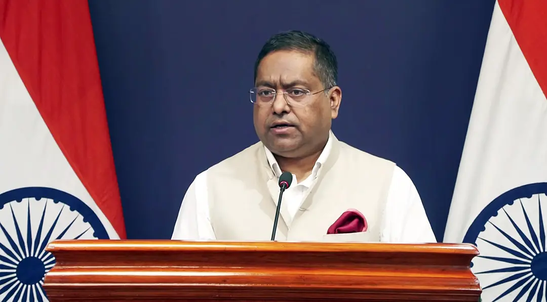 വാർത്താസമ്മേളനത്തിൽ സംസാരിക്കുന്ന വിദേശകാര്യ മന്ത്രാലയ വക്താവ് രൺധീർ ജയ്സ്വാൾ. | Photo: ANI Video Grab