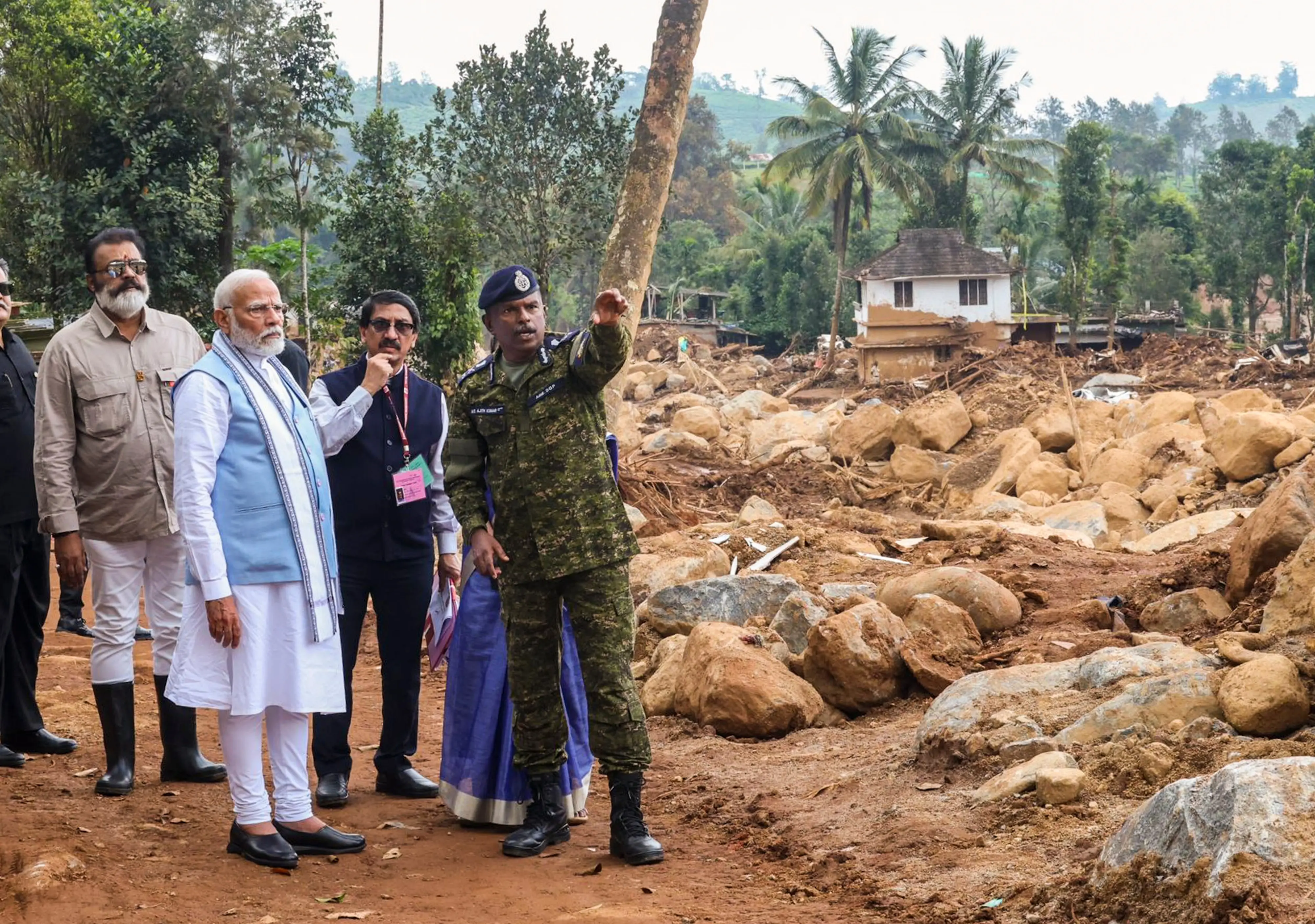 Prime Minister Narendra Modi inspecting the landslide-affected areas, in Wayanad district | Photo: PTI