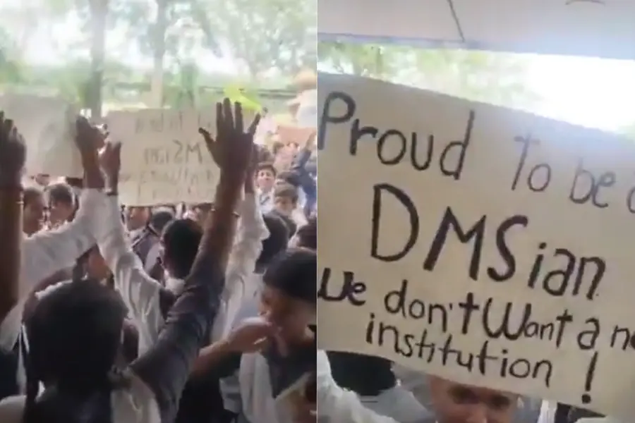 A visual showing the protest by students in Bhopal against the merger
