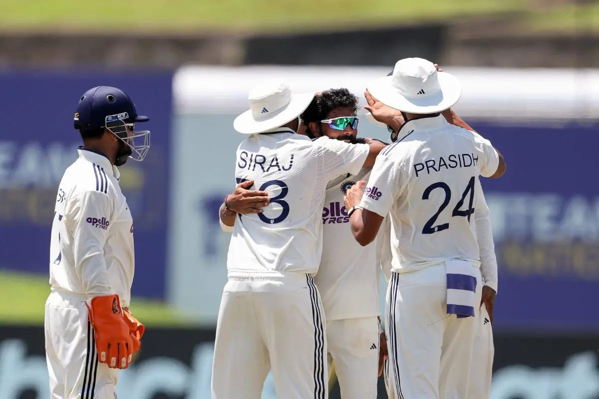 Ravindra Jadeja and teammates celebrate the wicket of Sri Lanka's captain, Dhananjaya de Silva, on the fifth day of the first test match between India and Sri Lanka at Galle International Stadium in Galle on Wednesday. (ANI Photo)