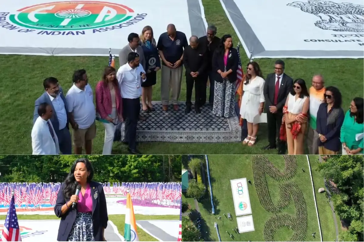FIA leaders and dignitaries celebrate the Guinness World Record, as 1,383 flags form the historic '250' display in New Jersey.