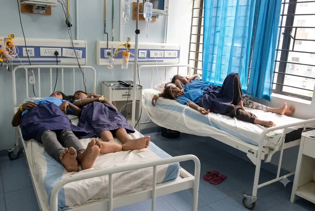 Children undergoing treatment at Bihar Sharif Sadar Hospital after falling ill following consumption of a mid-day meal at Parasi Middle School in Bihar.