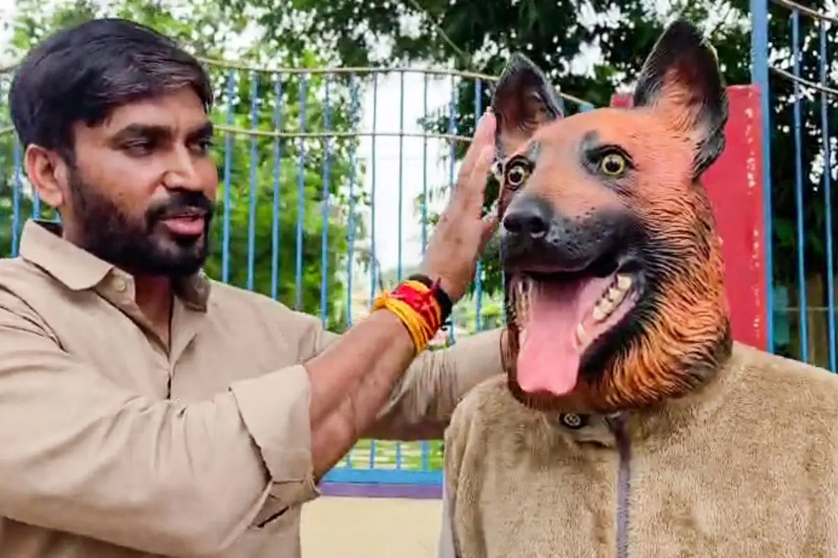 A man wears a dog mask to stage a protest over alleged misuse of funds meant for stray dog sterilisation by the municipal corporation, in Khandwa on Wednesday. (ANI Video Grab)