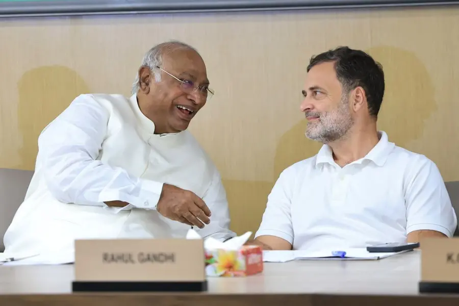 Congress leaders Rahul Gandhi and Mallikarjun Kharge at the Congress Working Committee (CWC) meeting.