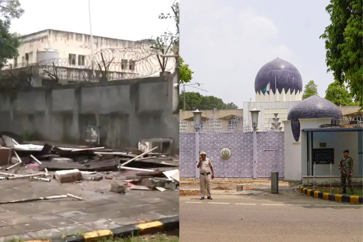 Security personnel stand guard outside the Pakistan High Commission in New Delhi in an earlier file photo; structures along the mission's external security perimeter were later dismantled (R to L)