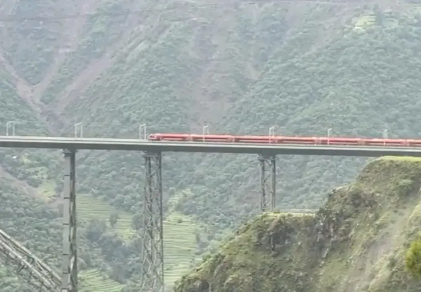 Vande Bharat Express passes across the Chenab Railway Bridge in Reasi, Jammu and Kashmir
