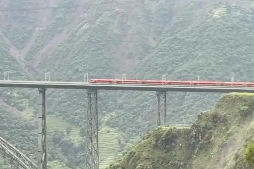 Vande Bharat Express passes across the Chenab Railway Bridge in Reasi, Jammu and Kashmir