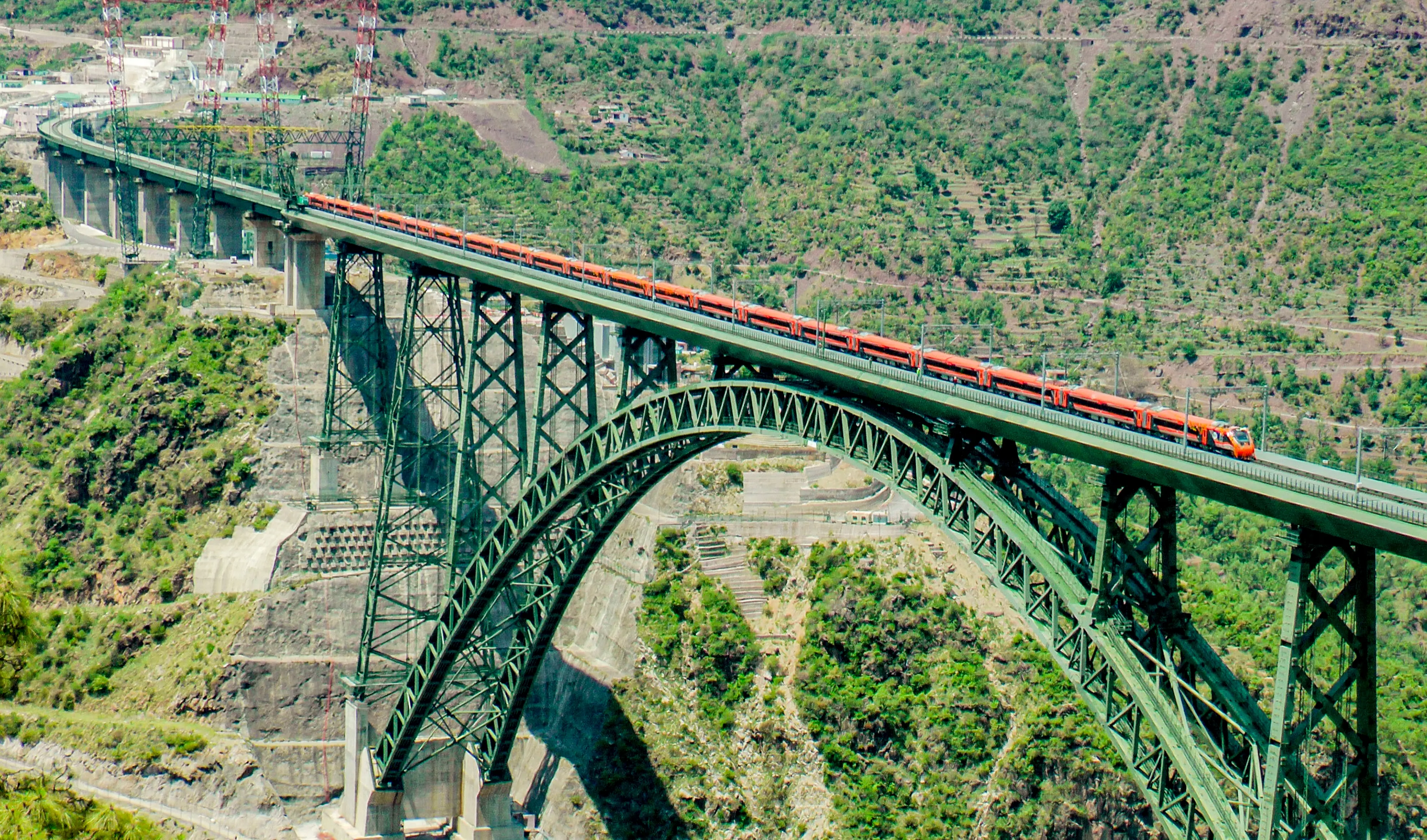A Vande Bharat Express crosses the Chenab Bridge for the first time