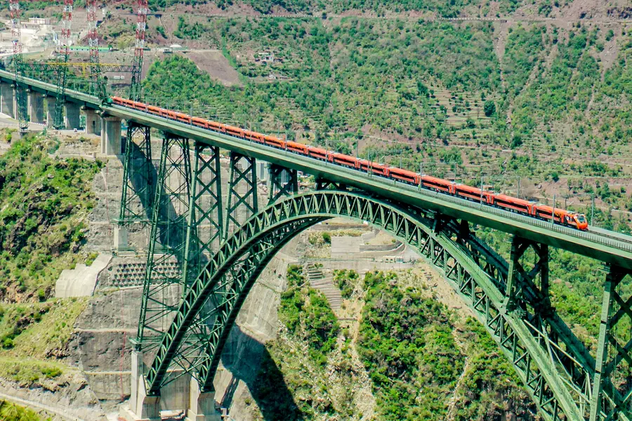 A Vande Bharat Express crosses the Chenab Bridge for the first time