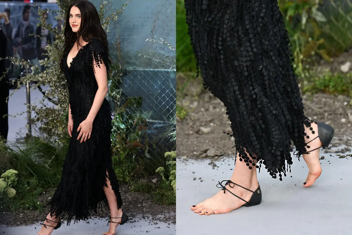Margaret Qualley turned heads at 'The Dog Stars' premiere in a black Chanel dress and the fashion house's unusual 'barefoot' sandal