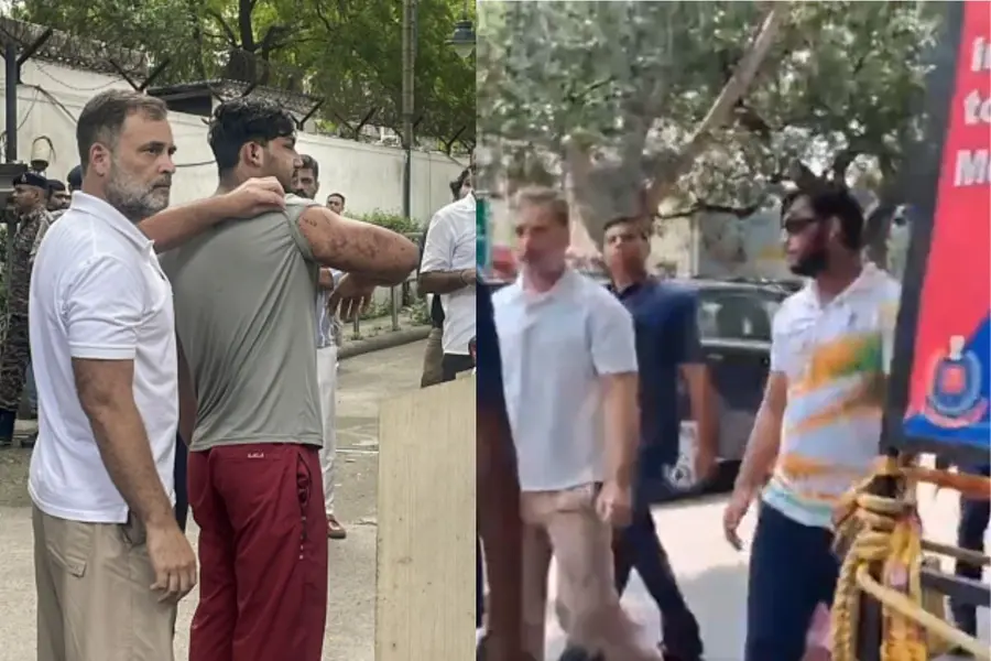 Rahul Gandhi accompanied by a victim of a pellet gun attack