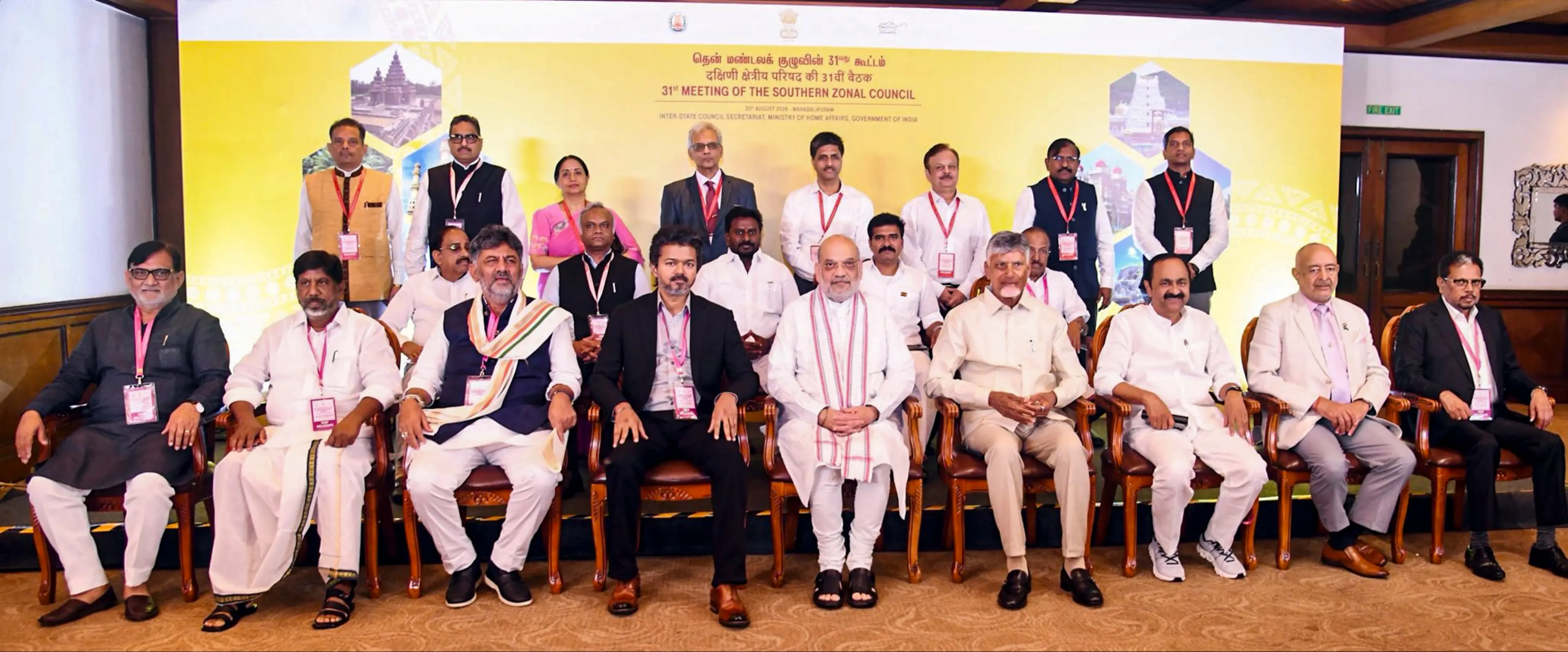 Union Home Minister Amit Shah, Tamil Nadu CM C Joseph Vijay, Keralam Chief Minister V D Satheesan and others during the 31st meeting of the Southern Zonal Council (SZC) in Mahabalipuram of Tamil Nadu | Photo: PTI