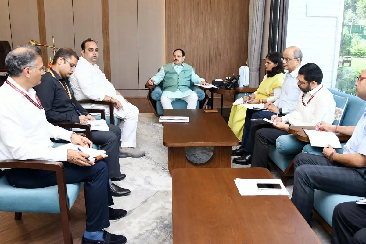 Union Health Minister JP Nadda chairs a review meeting on H1N1 influenza preparedness in New Delhi on Friday. (@MoHFW_INDIA X/ANI Photo)