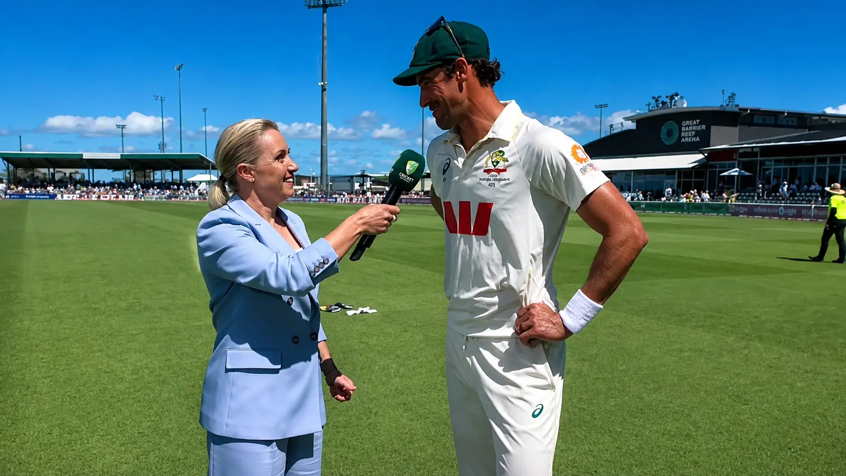 Alyssa Healy interviews husband Mitchell Starc after his six-wicket haul against Bangladesh in the second Test at Mackay.