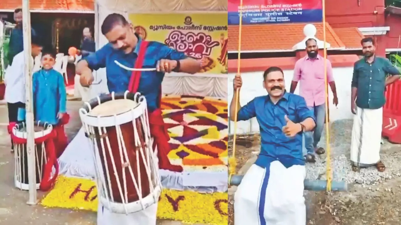 CPM leader and accused in the case involving assault on ED officials, IP Binu, plays the chenda and swings on a swing during the Onam celebrations at the Museum police station. Photo shared on social media.