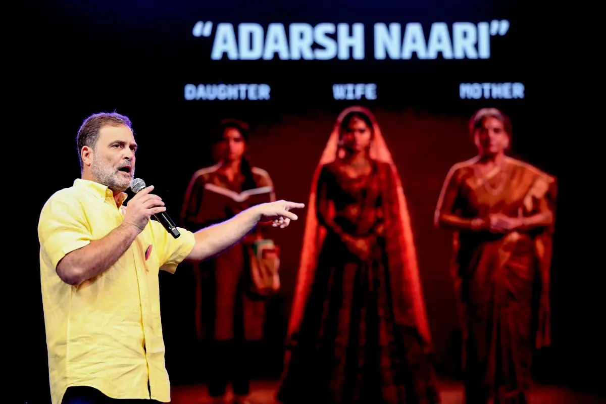 Rahul Gandhi addresses students during the 'Chhatron Ki Goonj' campaign in Pune, highlighting women's rights and challenging patriarchal norms.