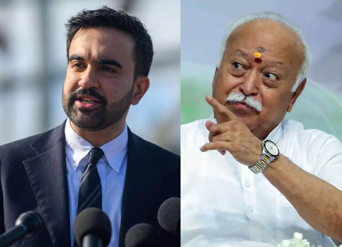 സൊഹ്റാൻ മംദാനി, മോഹൻ ഭാഗവത് | Photo: AFP, ANI