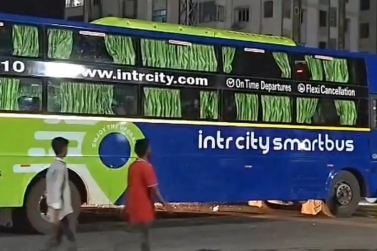 The private travels bus involved in the fatal collision near Adda Road in Chilakaluripet, Palnadu, on Wednesday.