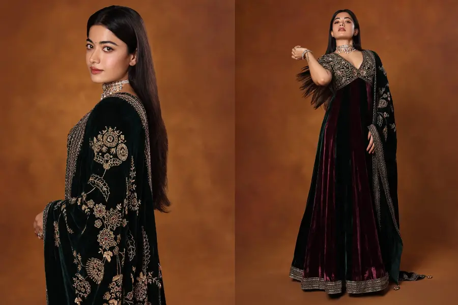 Rashmika Mandanna steals the show in a regal wine and green velvet Anarkali | PICTURES