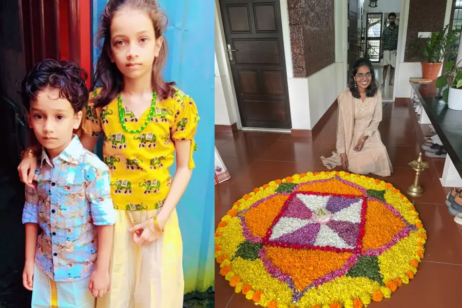 Neelam’s children in traditional Kerala attire, Abisha makes a pookalam for Onam