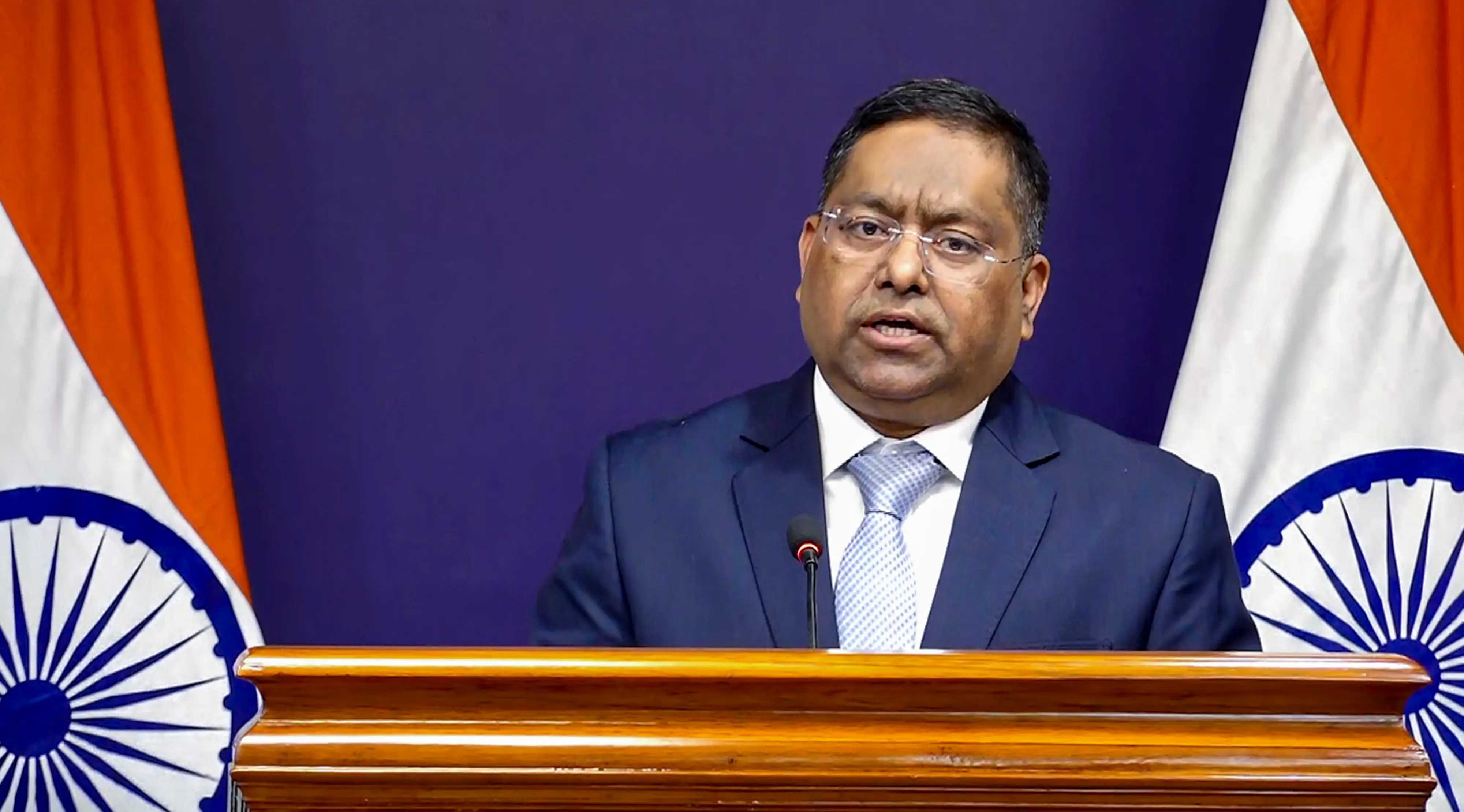 Ministry of External Affairs Spokesperson Randhir Jaiswal speaks during a media briefing in New Delhi | Photo: PTI