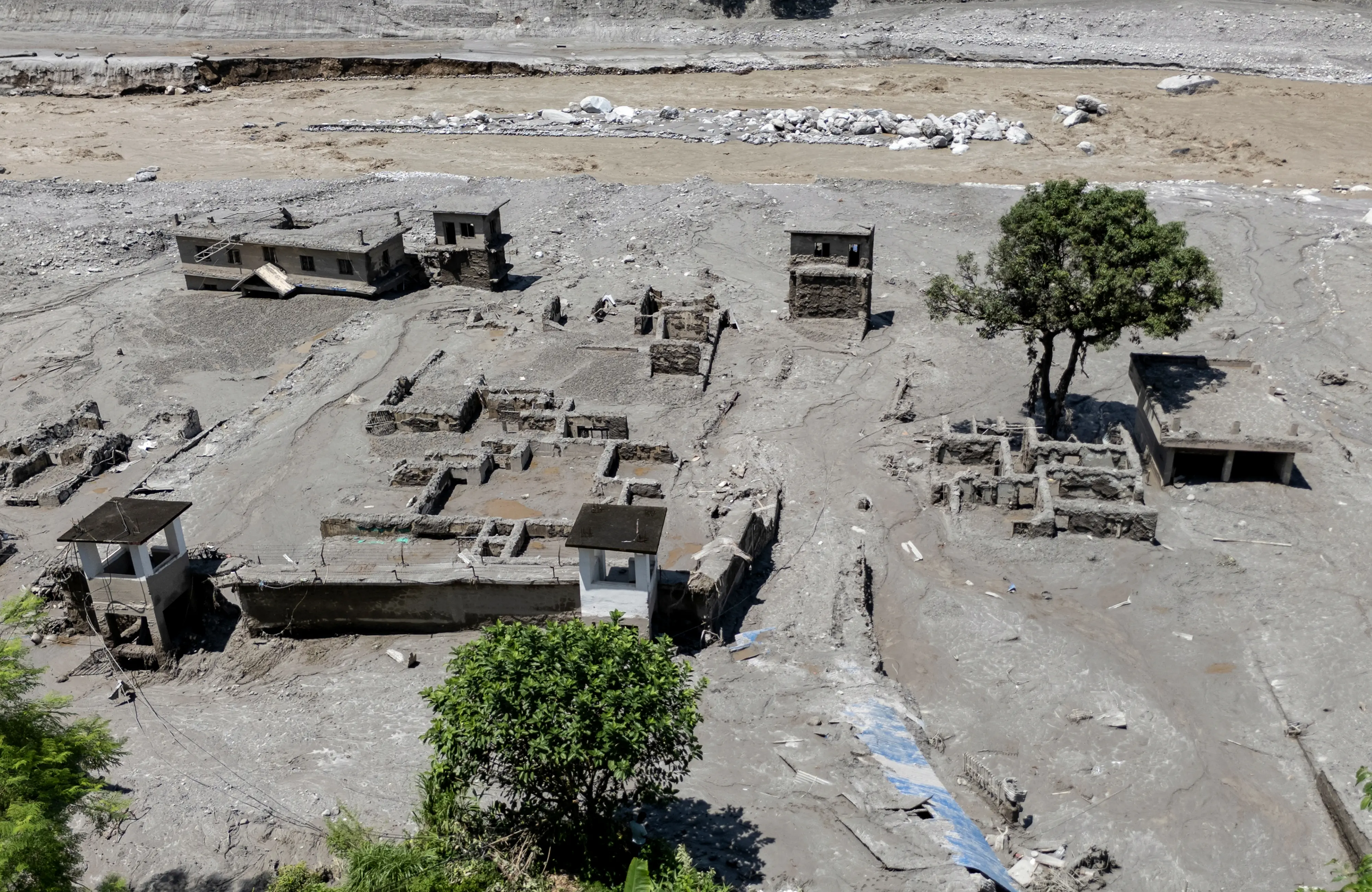 A drone view of the Dhunge Bazar area after flash floods, in Nuwakot, Nepal.| Photo: PTI