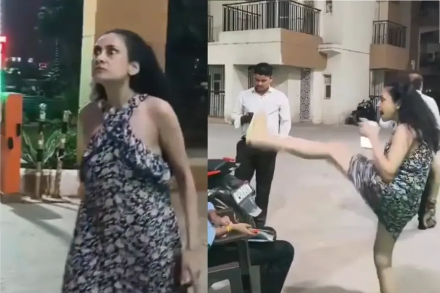Screengrab of a video showing a woman lashing out at the security guard in Greater Noida