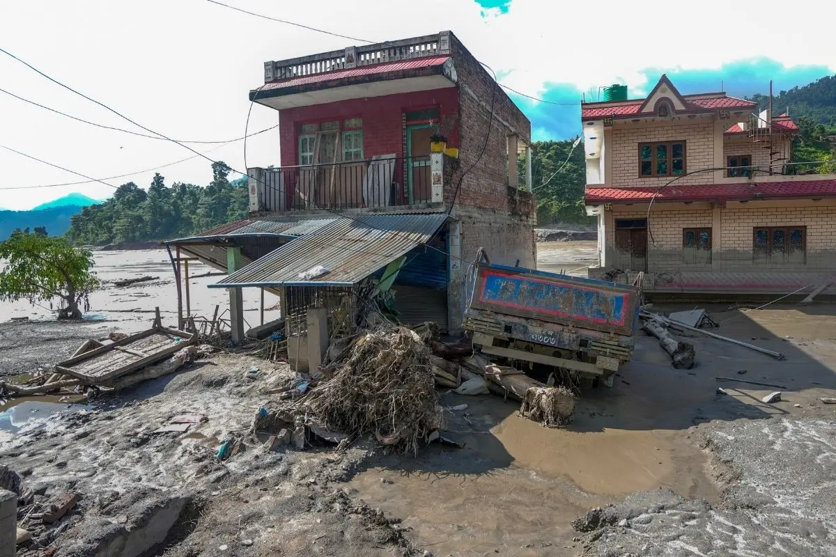 A flood-hit house stands amid mud and debris in the aftermath of recent flash floods, at Belkotgadhi, in Nuwakot district, Nepal, Sunday, Aug. 30, 2026 (Photo: PTI)