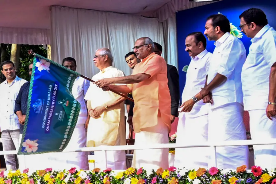 Vice President C P Radhakrishnan flags off the closing-day pageantry of the 'Onam Tourism Week Celebrations' in Thiruvananthapuram