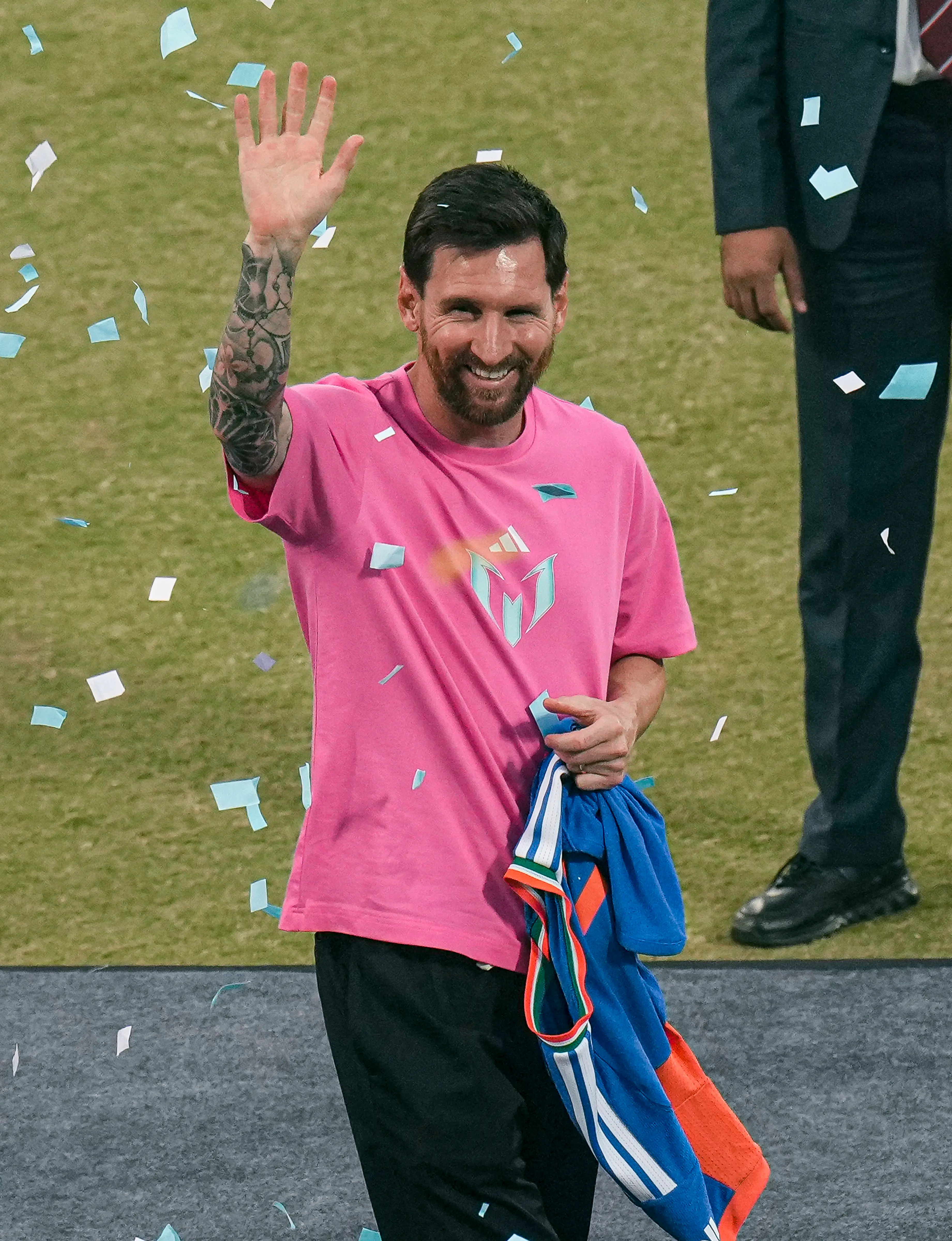 Argentine football legend Lionel Messi announced his retirement from international football on Monday, Aug. 31, 2026. Argentine footballer Lionel Messi waves to the gathering during the 'GOAT India Tour 2025' at Arun Jaitley Stadium in New Delhi | File Photo: PTI
