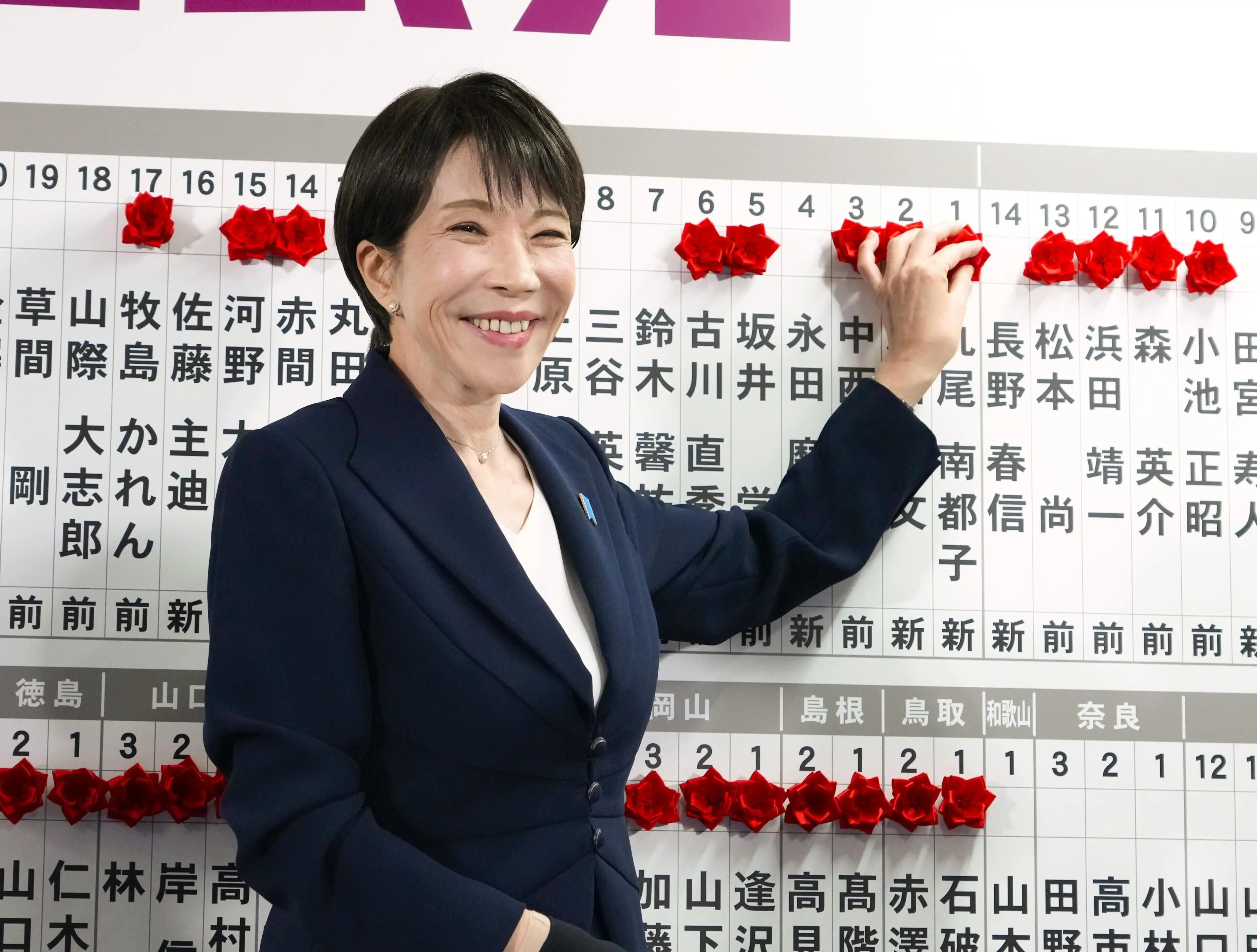 Sanae Takaichi, Japan's prime minister and president of the ruling Liberal Democratic Party (LDP), puts pins marking the names of candidates who won lower house elections at the LDP headquarters in Tokyo | Photo: AP