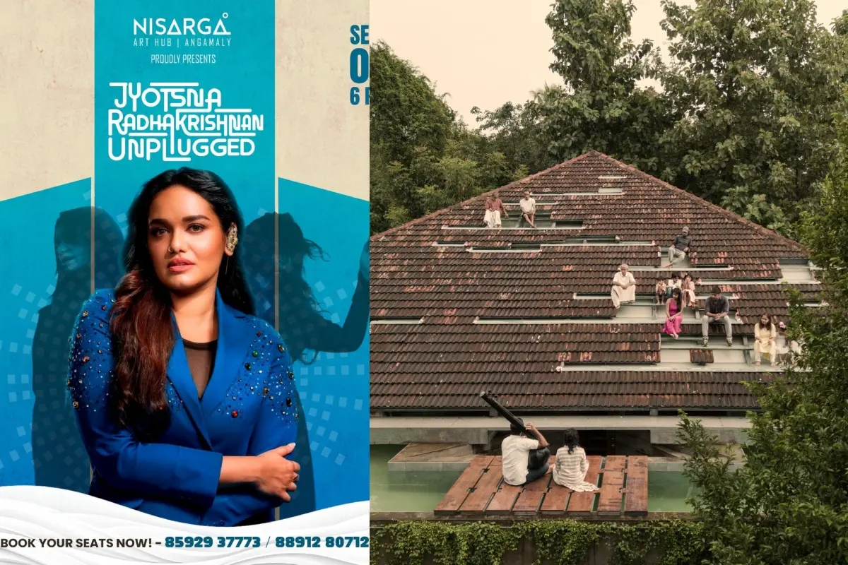 ജ്യോത്സന രാധാകൃഷ്ണൻ അവതരിപ്പിക്കുന്ന പരിപാടിയുടെ പോസ്റ്റർ, നിസർ​ഗ ആർട്ട് ഹബ്ബ് ആകാശദൃശ്യം | Photo: Special Arrangement