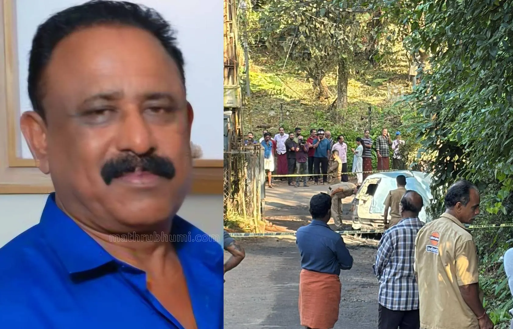 സി.പി. സുധാകരൻ, തീപ്പിടിച്ച കാർ | Photo: Special arrangement