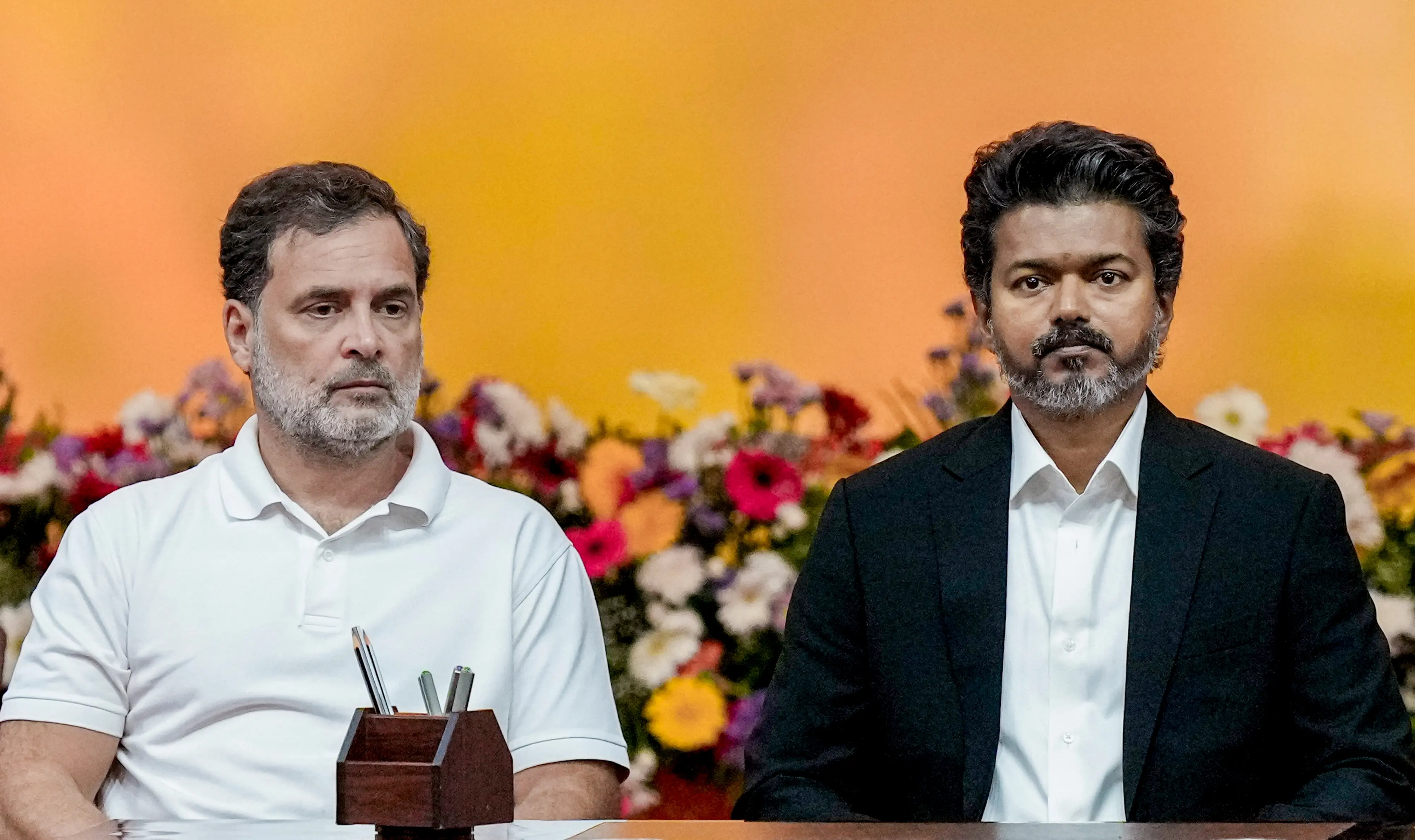 Tamil Nadu Chief Minister and Tamilaga Vettri Kazhagam (TVK) chief C Joseph Vijay with Congress MP and Lok Sabha LoP Rahul Gandhi during the former's swearing-in ceremony, at Jawaharlal Nehru Stadium, in Chennai.| File image: PTI