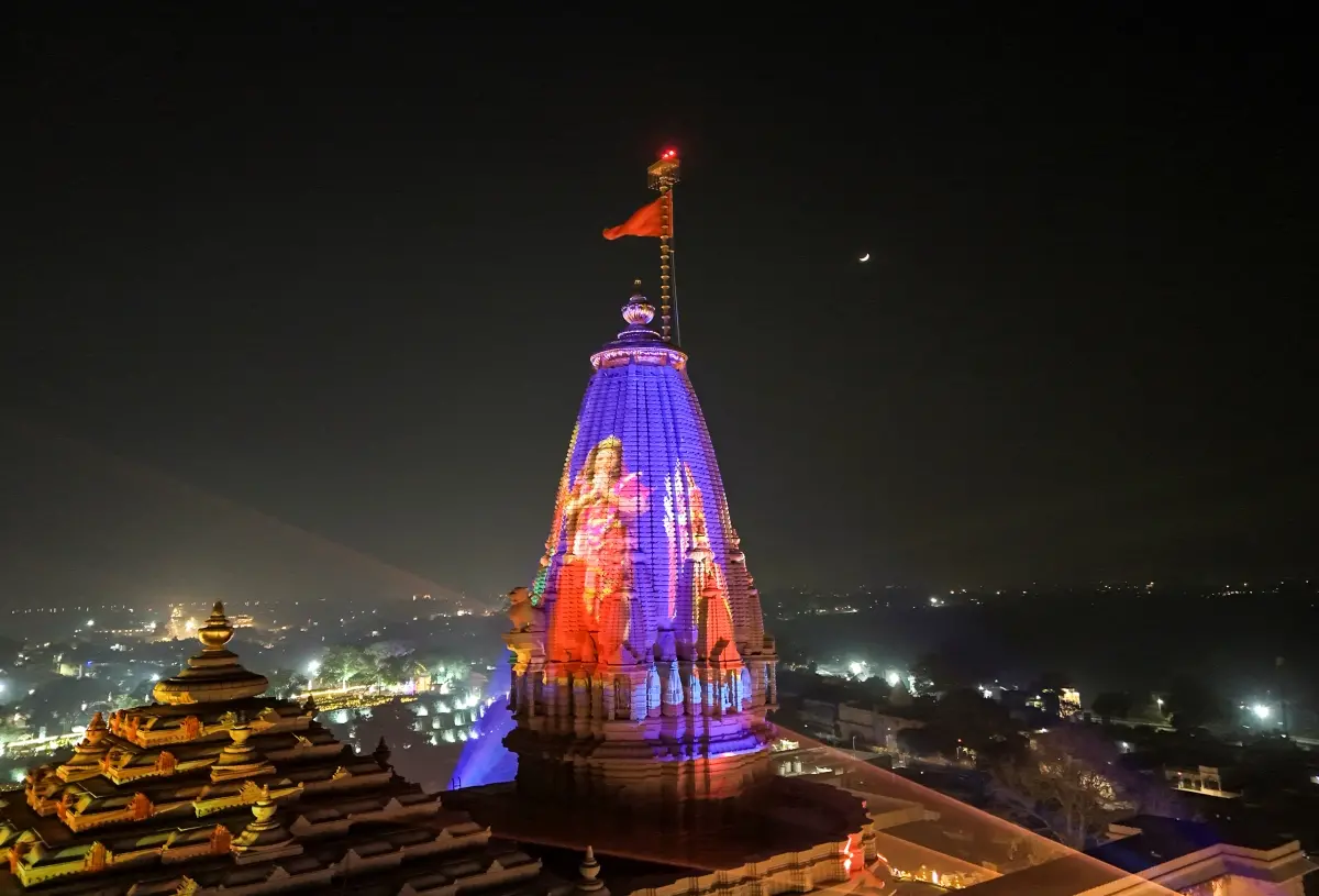 Shri Ram Janmabhoomi temple illuminated with decorative lights in Ayodhya | Photo: PTI