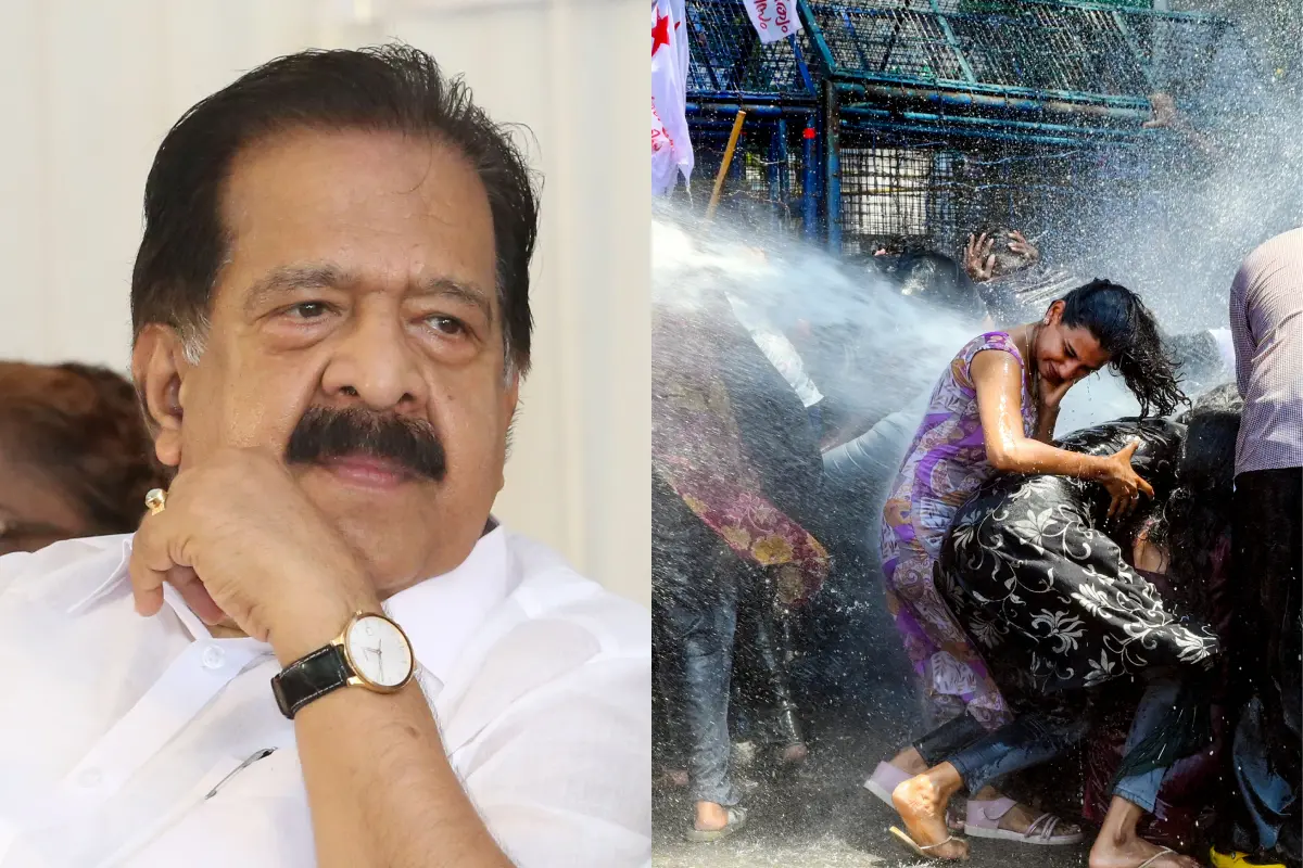 രമേശ് ചെന്നിത്തല, തിരുവനന്തപുരത്ത് എസ്.എഫ്.ഐ നടത്തിയ സമരത്തിന് നേരെ പോലീസ് ജലപീരങ്കി പ്രയോഗിച്ചപ്പോൾ | Photo: Mathrubhumi Archives and PTI Photo