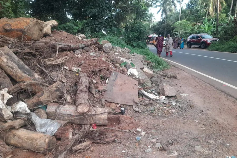 നിർമാണ അവശിഷ്ടങ്ങളും മരത്തടികളും തള്ളുന്നത് റോഡരികിൽ