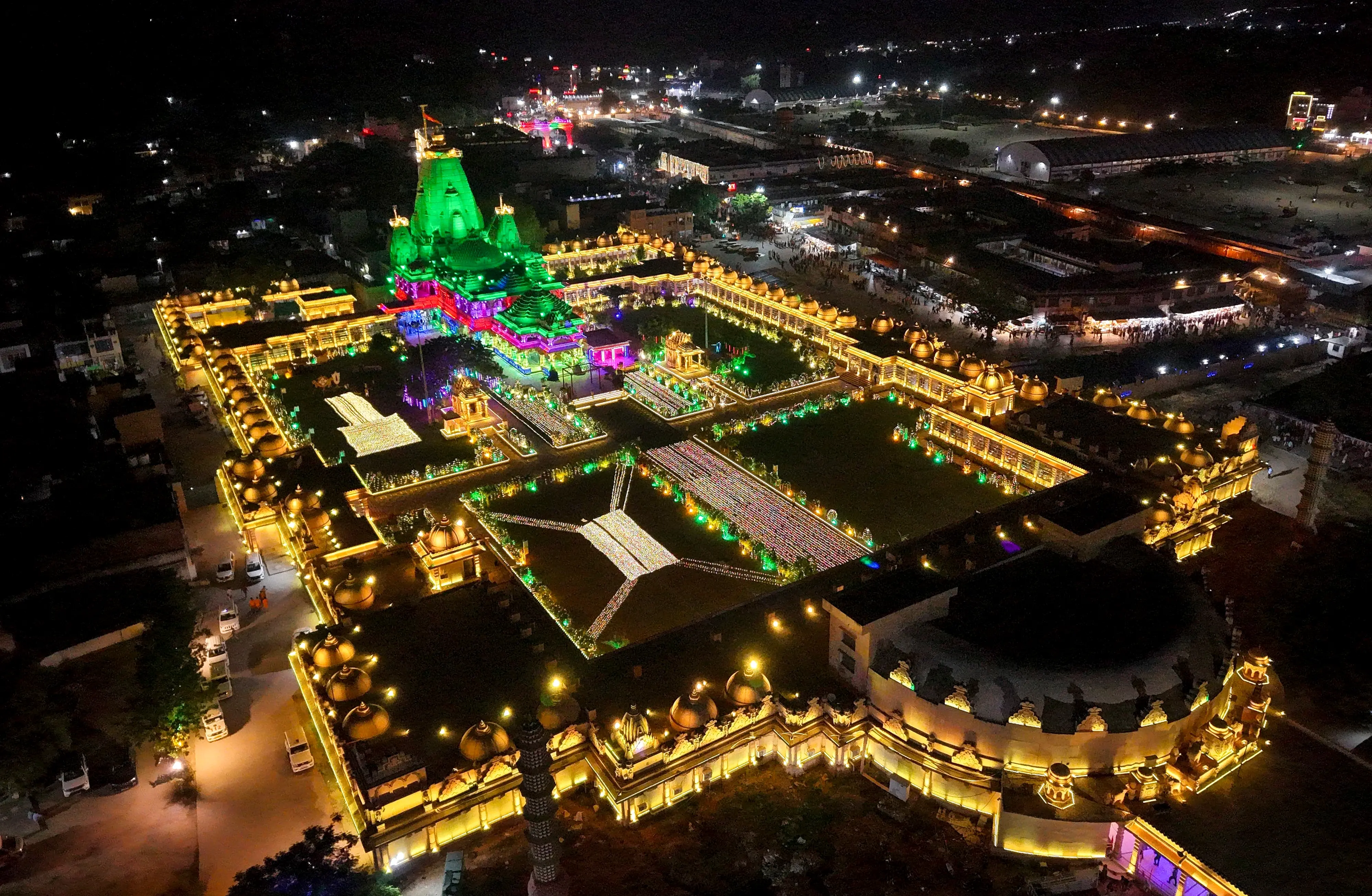 An aerial view of the illuminated Shri Sanwaliya Seth Temple on the eve of Janmashtami festival, in Chittorgarh district, Rajasthan on Thursday, Sept 3, 2026 | Photo: PTI