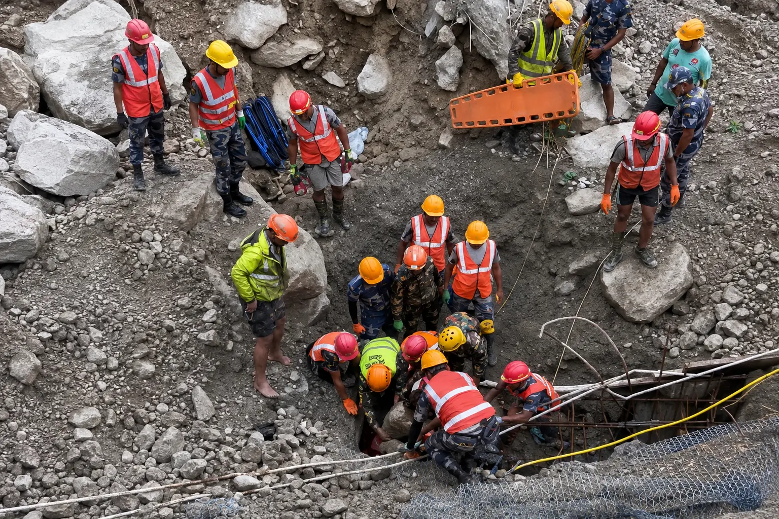 Rescuers pull two survivors from the Trishuli 3A Hydropower Project tunnel nine days after Nepal's deadly flash flood. (Screengrab: X)