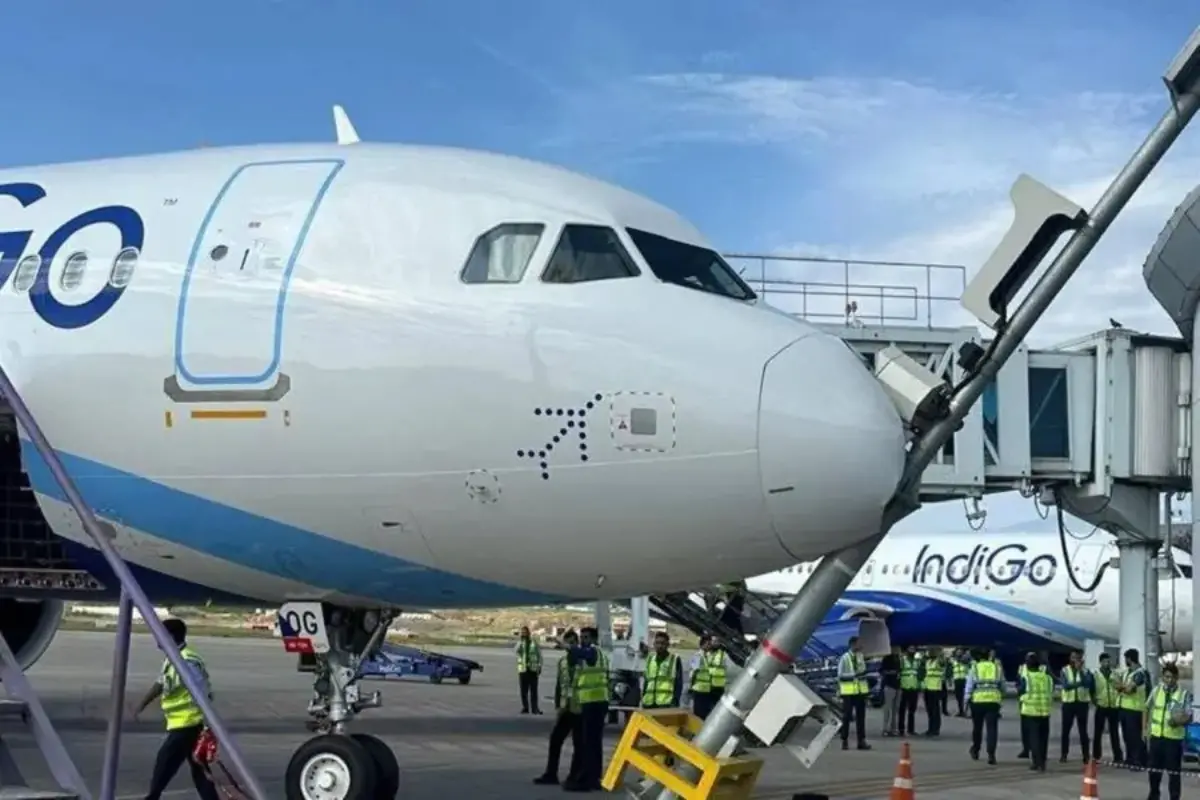 The IndiGo aircraft after coming into contact with a Visual Docking Guidance System (VDGS) pole while parking at Srinagar Airport on Friday.